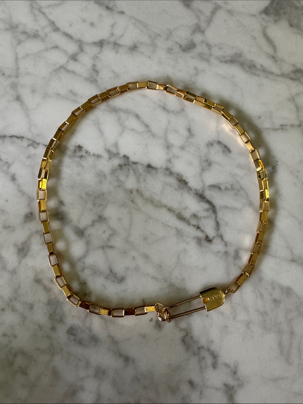 Gold Box-Link Necklace with Safety Pin Clasp